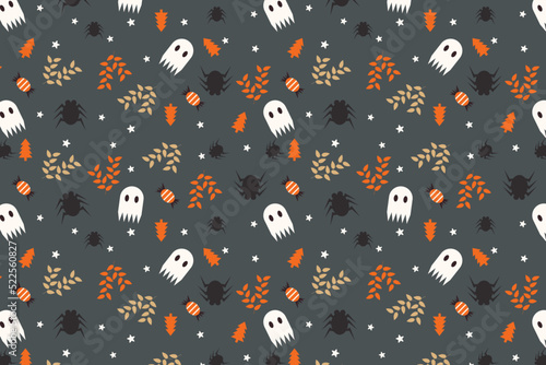 Scary Halloween pattern background with cute ghosts and dead leaves vector. Halloween seamless pattern decoration for book covers and wallpapers. Cute Halloween pattern on a dark background vector.