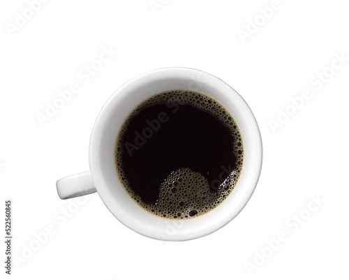 Black coffee in white coffee cup on transparent background.