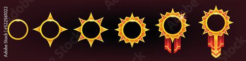 Game frame UI golden border set, fantasy medieval RPG ranking avatar circle kit, decoration items. Vintage round award level up trophy, user ranking assets, red ribbon. Game frame reward collection