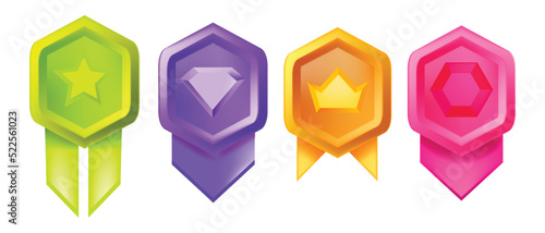 Game badge 3D icon set, level up medal award rating button certificate, victory award UI shield. Experience achievement prize, vector gift label, trophy reward bonus emblem. Game badge collection