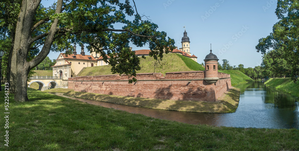 Naklejka premium Moat of old castle. Moat with reflection in the water and trees. Sunny summer day. Palace, tower, corner towers and moat.