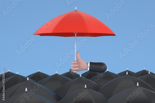 Uniqueness and individuality. Hand holding a red umbrella among people with black umbrellas.