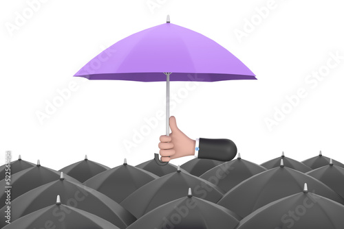 Uniqueness and individuality. Hand holding a purple umbrella among people with black umbrellas.