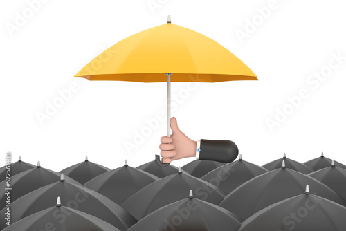 Uniqueness and individuality. Hand holding a yellow umbrella among people with black umbrellas.