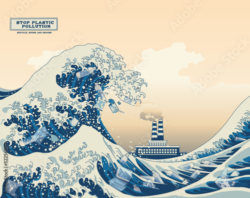 The great wave of kanagawa painting with environmental pollution concept art. Pollution of the sea and beaches.