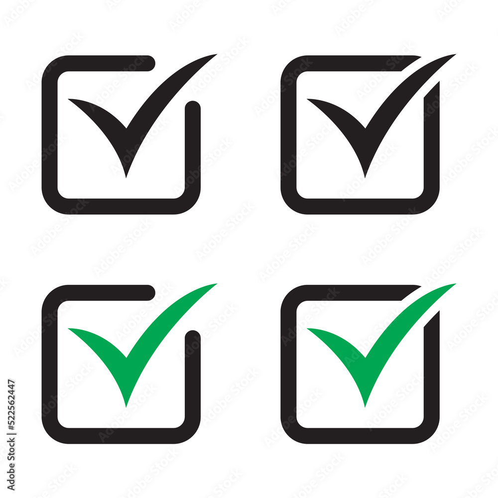 Green tick icon vector symbol, checkmark isolated on white background, checked icon or correct choice sign, check mark or checkbox pictogram. Green tick icon vector symbol, checkmark isolated on white background, checked icon or correct choice sign, check mark or checkbox pictogram.