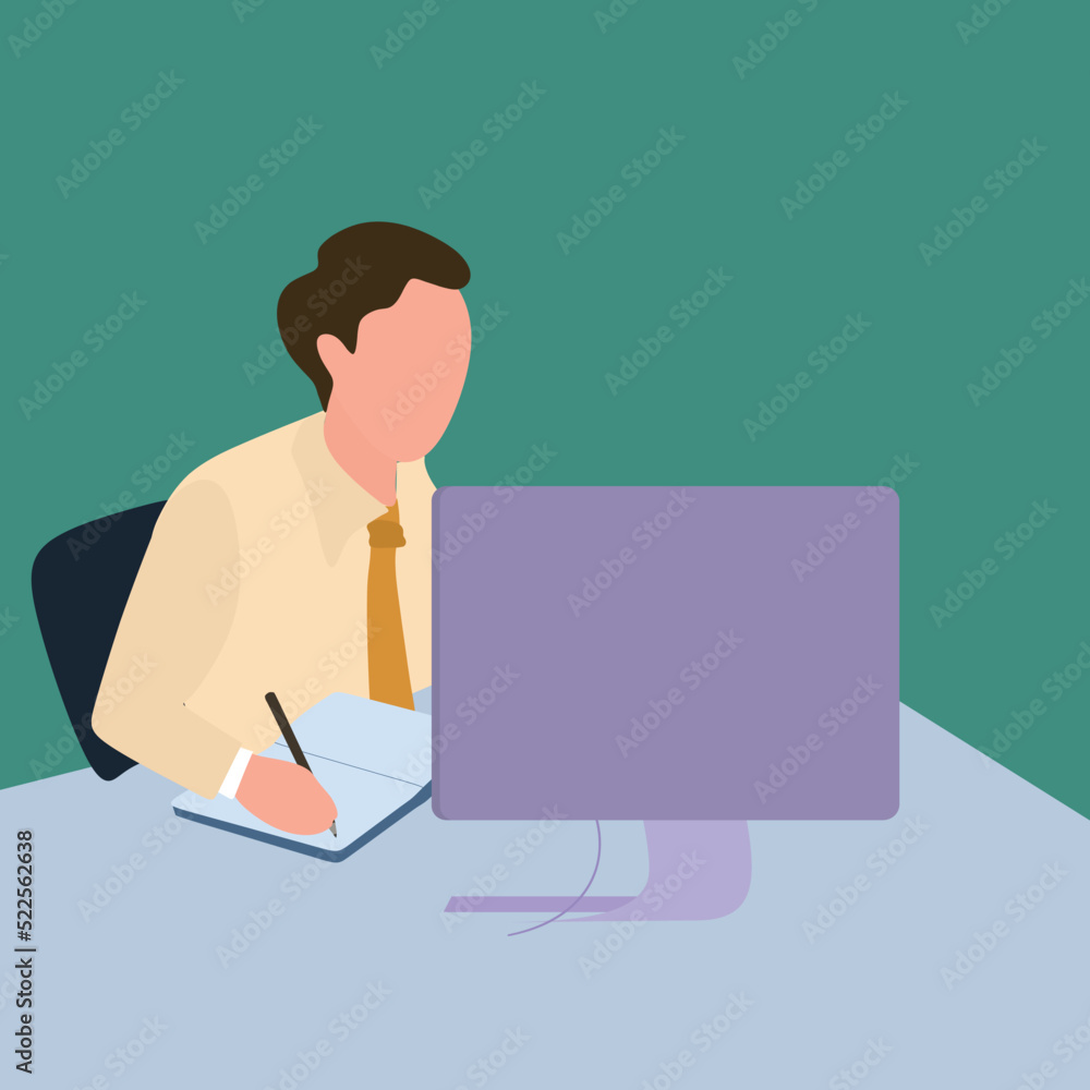 Simple Vector illustration drawing of a young pensive businessman sitting and watching computer screen to analyze data company. Business analysis writing concept. Modern design vector illustration