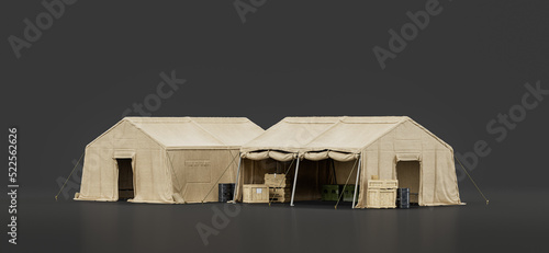 Schilderij op canvas Military tent and shelter, campsite for soldiers, humanitarian aid tent, 3d rend
