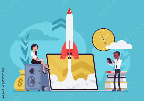 Team launching rocket, going to market, start own business, busy entrepreneurs startup, inspiration of successful business owner, aspiring prospective entrepreneurs, future growth. Vector illustration