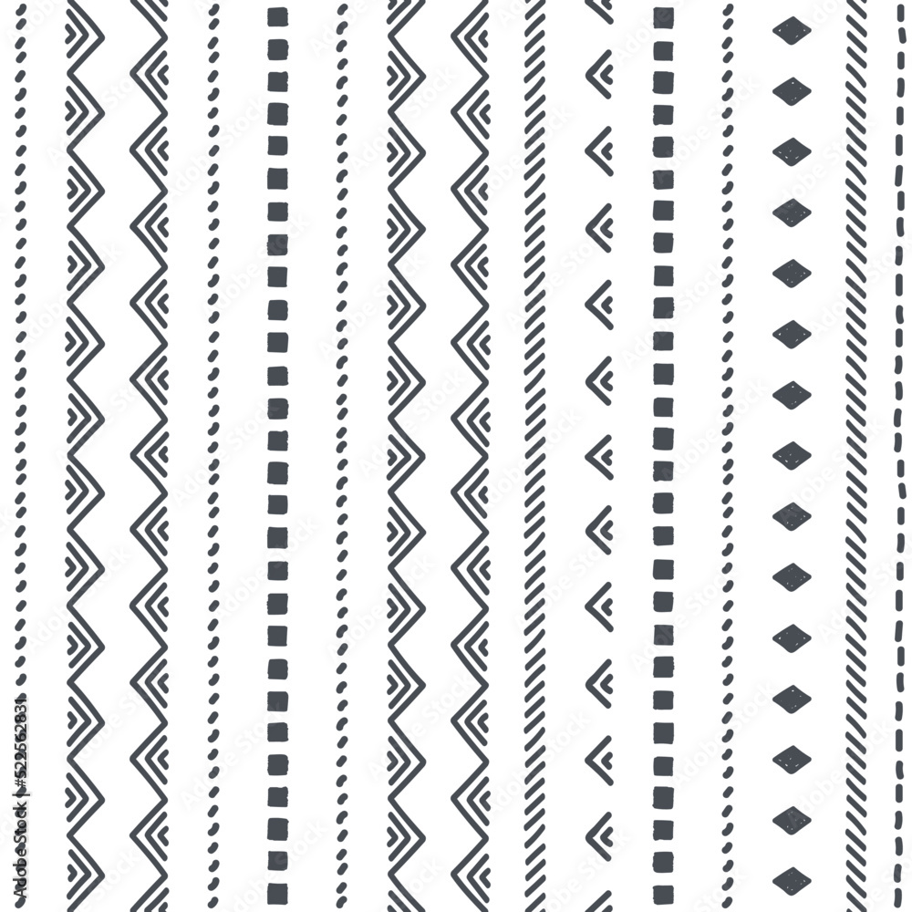 Ethnic stripe seamless pattern. Tribal geometric vector background, boho motif, black textured ornament illustration. Textile print