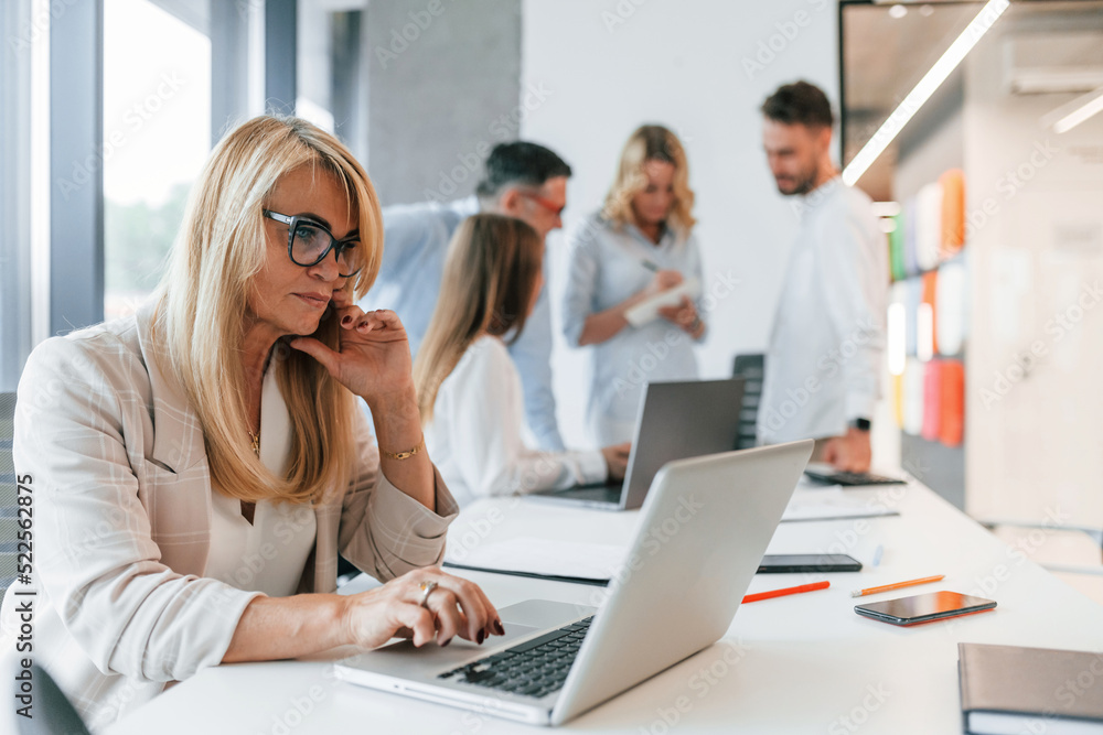 Woman working by using laptop. Group of professional business people is in the office Woman working by using laptop. Group of professional business people is in the office