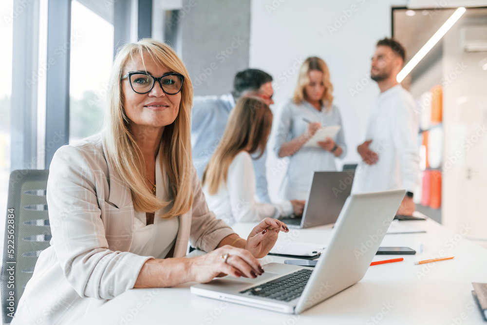 Woman working by using laptop. Group of professional business people is in the office