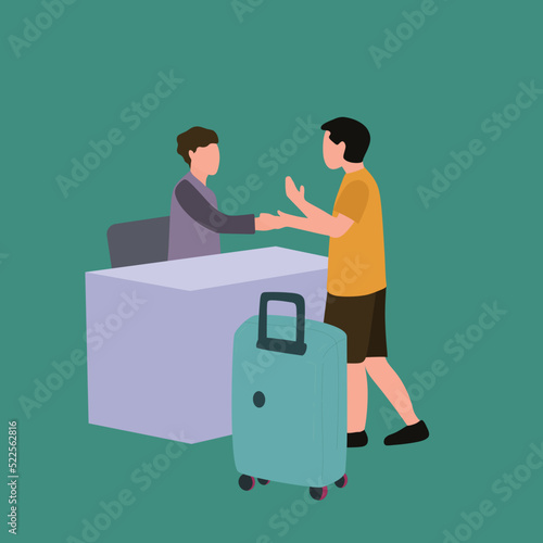 Simple Vector illustration drawing of young male tourist handshaking hotel receptionist and ask to book a room while holding luggage. Happy Traveling concept. Modern design vector illustration
