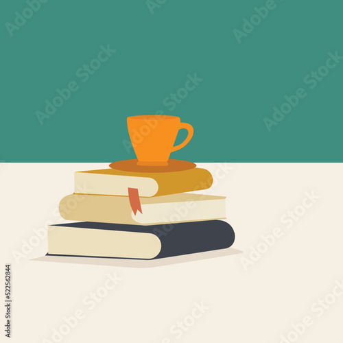 Simple Vector illustration drawing of a pile of books and a cup of coffee on office desk. Work space table with books stack concept. read a book leisurely. Modern design vector illustration