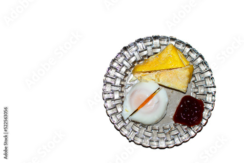 Top view photo healthy breakfast fried and boiled eggs. Eggs on a glass plate ready to serve.