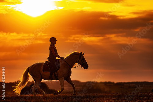 a beautiful young woman riding on a white horse at sunset © michal
