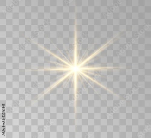  A series of transparent vector effects. Easy replacement of EPS10 lights.Set of golden glowing lights effects isolated on transparent background. Solar flare with beams and spotlight. Glow effect. 