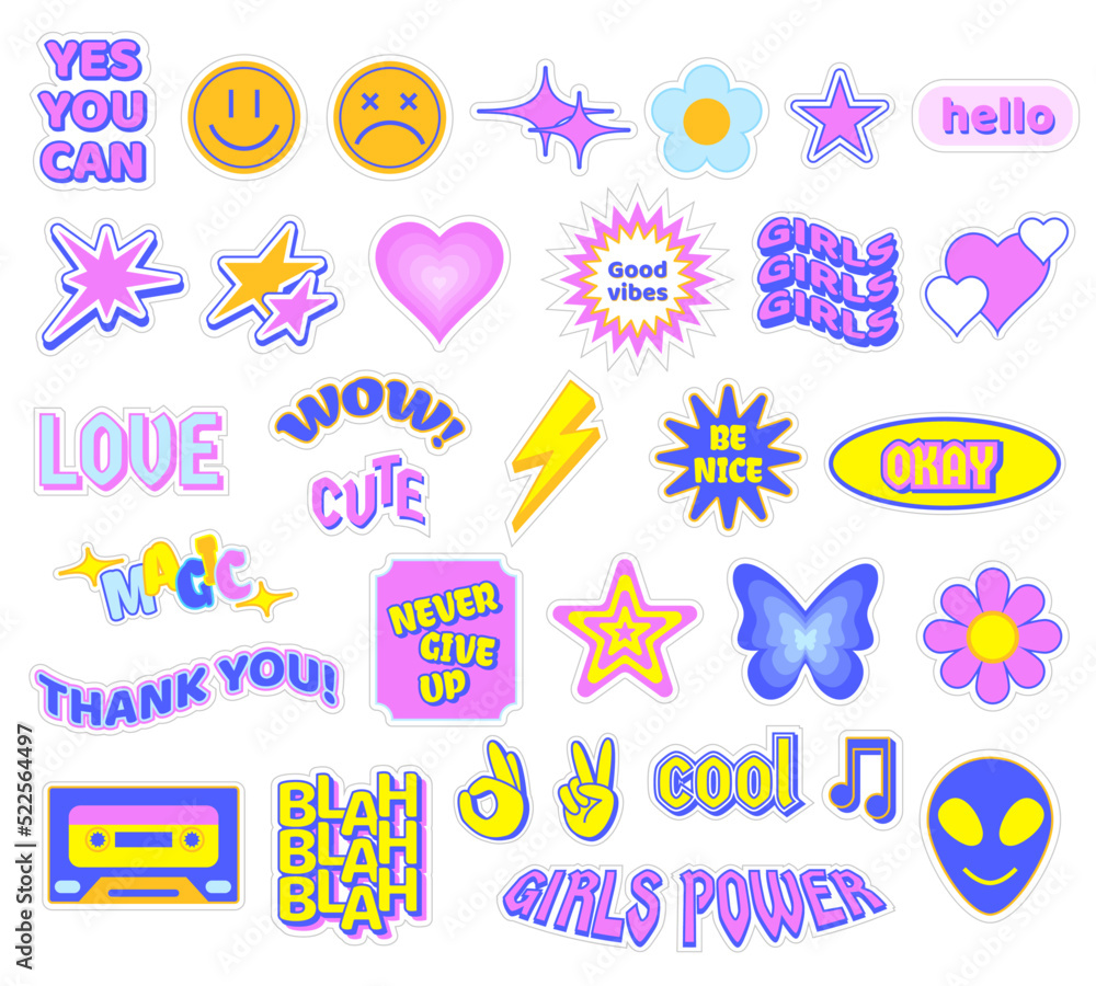 Trendy Y2K stickers. Cute girly patches, butterfly and glamour heart symbols. Retro stars, flowers and smiles vector set