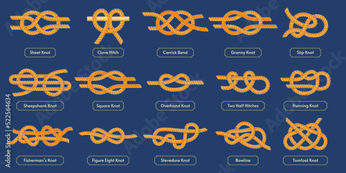 Sailing rope knot. Square reef, tomfool and overhand knots. Nautical rope hitches and loops vector set photo