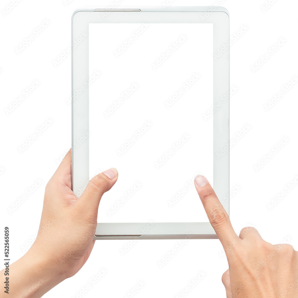 Hand holding tablet computer with screen mockup. Hand holding tablet computer with screen mockup.