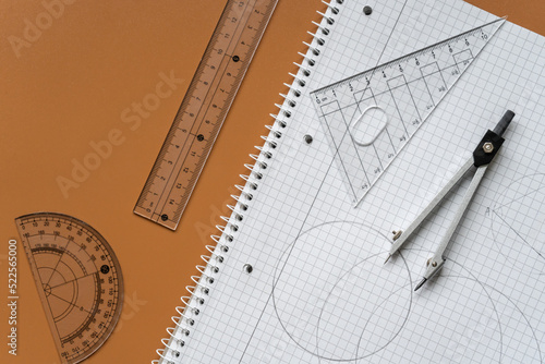 Wallpaper Mural Close up Compass and ruler on the open notebook.  Mathematical accessories, back to school background Torontodigital.ca