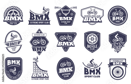 Bicycle motocross badges. Bmx extreme label, sport bike emblem and bicycle rider club vector set