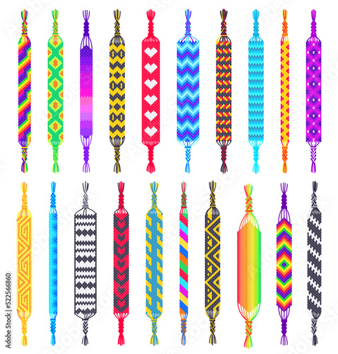 Friendship bracelets. Hippie braided wristband, wrist bracelet with pattern and hand made jewellery vector set