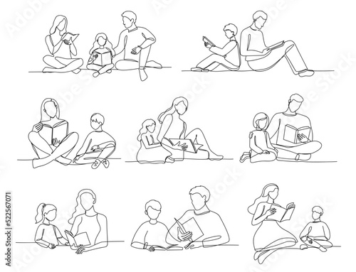 One line reading for kids. Readers family, parents read books with children. Mother, father and kid with book lifestyle vector Illustration set