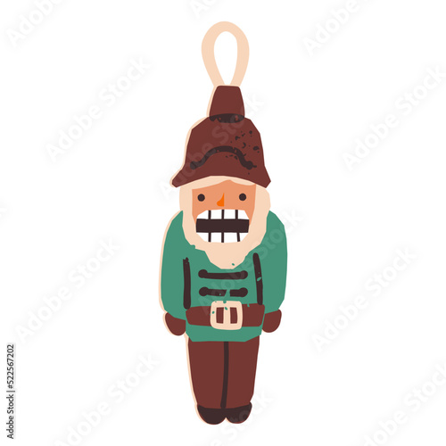 Nutcracker Christmas tree bauble, retro toy soldier, holiday decoration, New Year gift. Vector hand-drawn illustration.