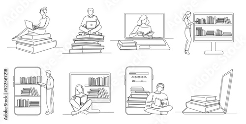 Continuous one line online books. Read book, listen audiobook and study on Internet. Students library app vector illustration set