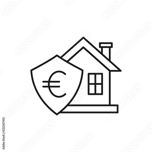 Euro sign and shield with house. Home insurance icon line style isolated on white background. Vector illustration