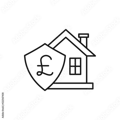 Pound sign and shield with house. Home insurance icon line style isolated on white background. Vector illustration