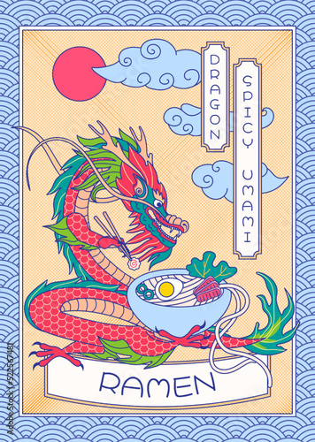 Ramen poster. Japanese dragon eat gourmet dinner, spicy umami and asian pattern frame vector illustration