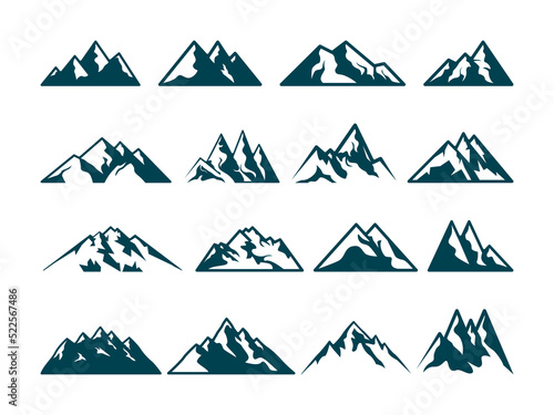 Mountain Logo Set. Flat and abstract concept mountain silhouette illustration for environmental lovers, extreme sports, climbers, adventurers 