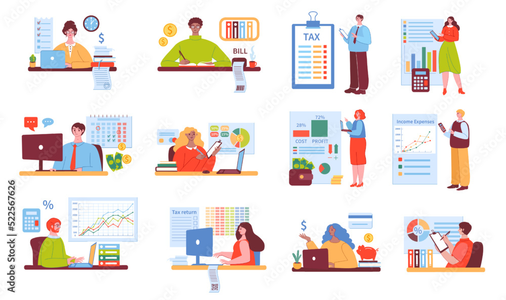 Accountant character. Calculates taxes and fills out tax forms, keeps records of money received and paid vector illustrations set Accountant character. Calculates taxes and fills out tax forms, keeps records of money received and paid vector illustrations set