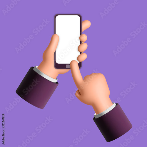 Two office mans hands holdings smartphone with white screen mockup 3d vector design illustration. Scrolling and searching something in phone, application, service ideas. Touch screen with finger 