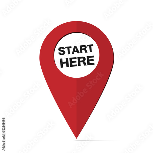 Start here with location pin or navigation icon on white background. Red GPS navigator logo Flat Vector, infographic, illustration.