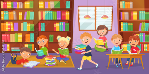 Kids library. Children study together, reading books and young readers club vector illustration