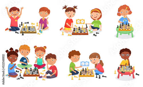 Kids play chess. Young boys and girls playing in chess club, strategy game vector illustration set