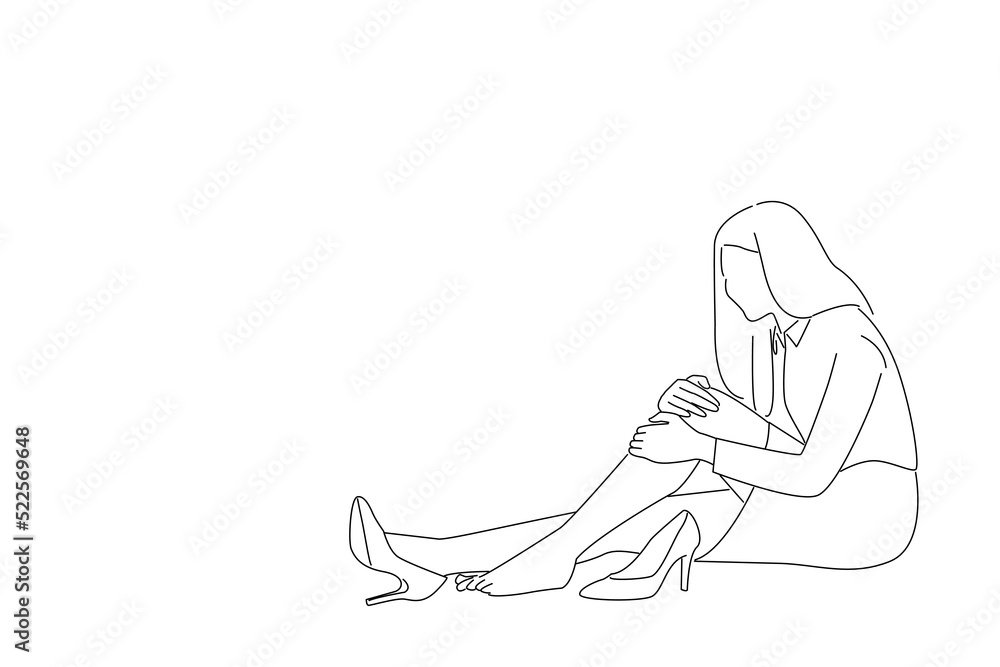 Drawing of businesswoman with knee problems sitting. line art style