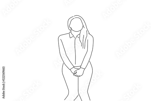 Cartoon of pretty young woman in need of a toilet. Outline drawing style art