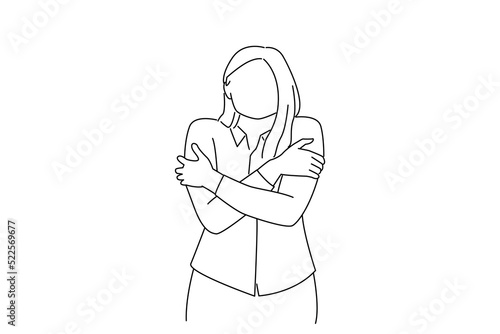 Drawing of business woman feeling uncomfortable walking hugging herself trembling, shaking feeling cold, freezing windy weather. line art style