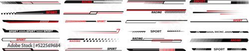 Race car lines. Sport stripes vinyl stickers, racing vehicle tuning and speed line vector set