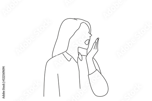 Illustration of young woman covering her mouth by hand, disgust and bad smell, bad breath. line art style