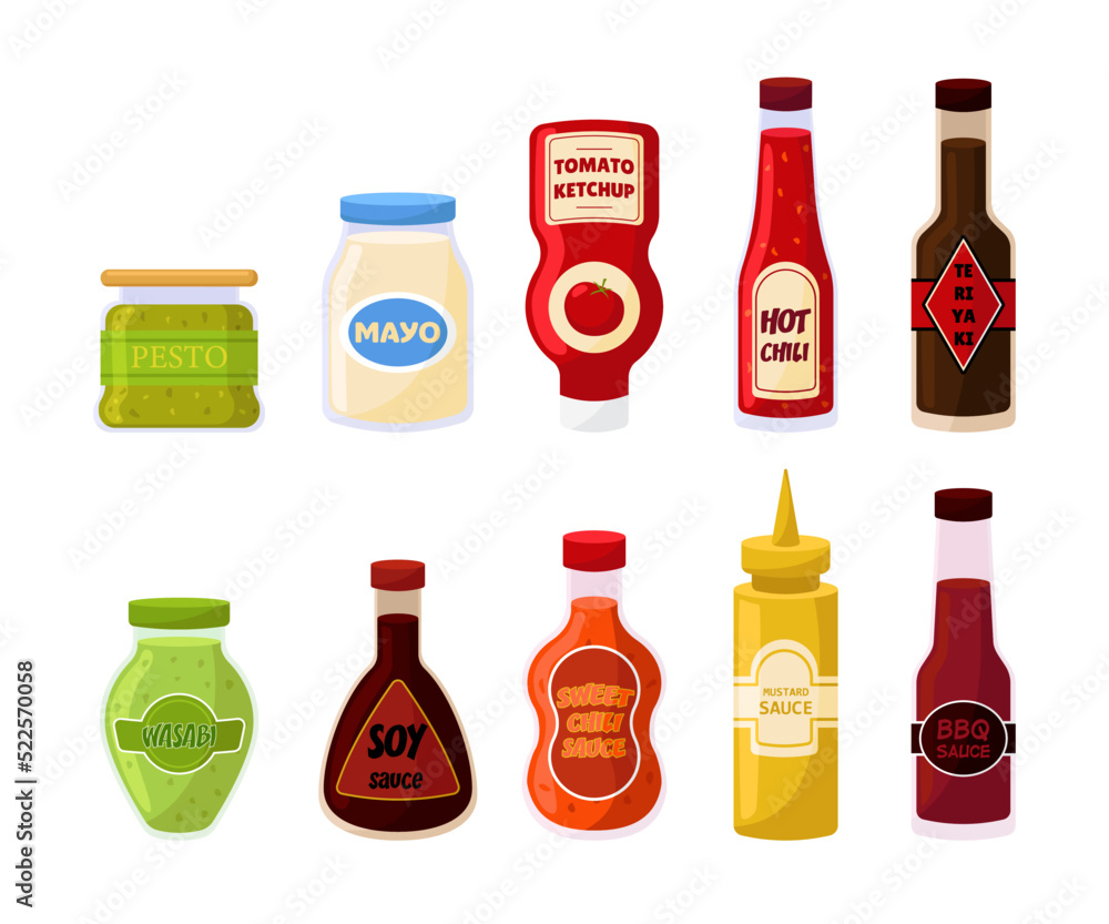 Bottles and jars of different sauces vector illustrations set. Cartoon drawings of sauce, spice or dressing packaging with labels, ketchup, mayonnaise, teriyaki, BBQ sauce. Food, condiments concept Bottles and jars of different sauces vector illustrations set. Cartoon drawings of sauce, spice or dressing packaging with labels, ketchup, mayonnaise, teriyaki, BBQ sauce. Food, condiments concept