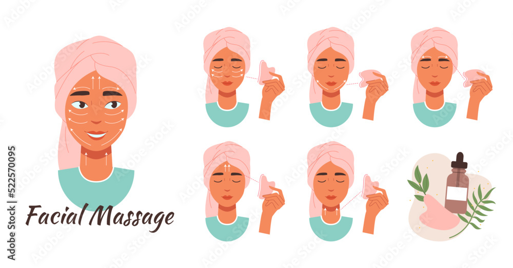Jade stone facial massage. Face skin care, skincare procedures tips and instructions. Beauty lady use anti-aging roller vector illustration set Jade stone facial massage. Face skin care, skincare procedures tips and instructions. Beauty lady use anti-aging roller vector illustration set