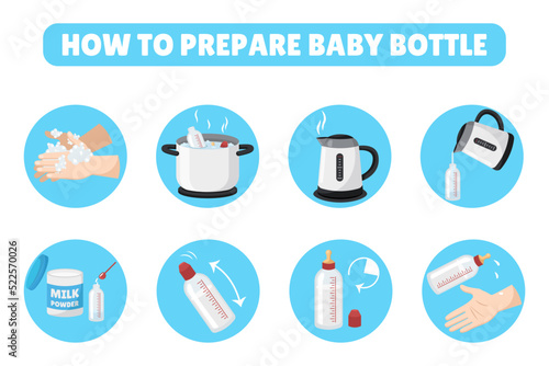 Baby bottle preparation infographic vector illustrations set. Newborn baby feeding guide, washing hands, cleaning bottle for breast milk or formula on white background. Baby care, food concept