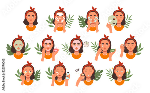 Face skin care. Beauty masks and patches skincare instruction. Washing, scrubbing and moisturizing face cream vector icon set