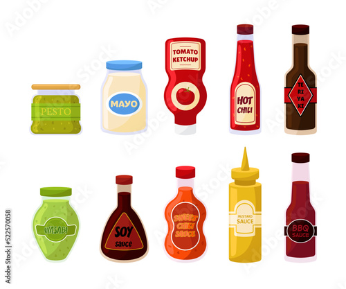 Bottles and jars of different sauces vector illustrations set. Cartoon drawings of sauce, spice or dressing packaging with labels, ketchup, mayonnaise, teriyaki, BBQ sauce. Food, condiments concept