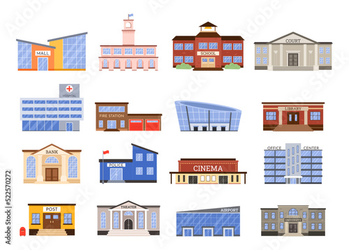 Government buildings. Municipal library  hospital and post office building. Fire and police station  court and university vector Illustration set